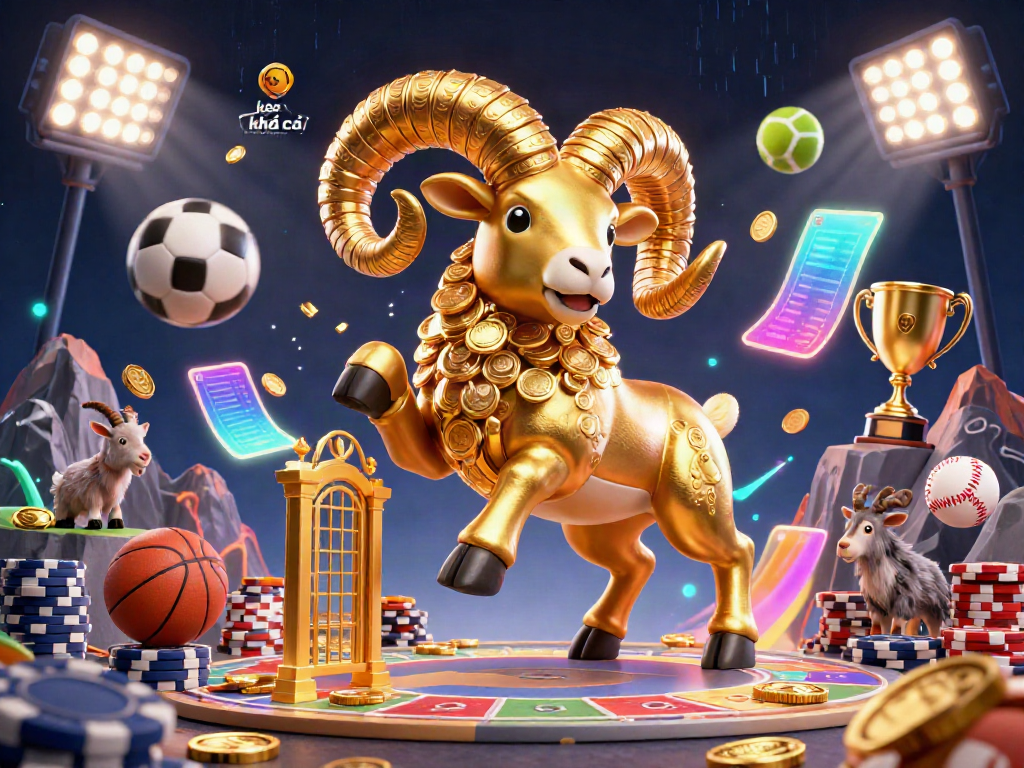 Engage with kèo nhà cái through dynamic sports betting featuring a golden ram and flying sports balls.