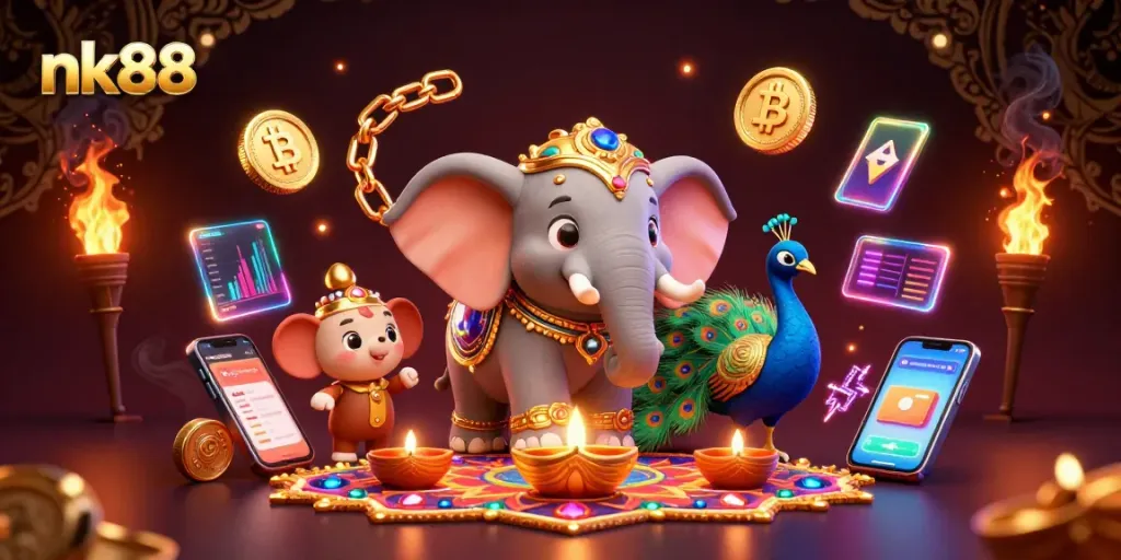 Engage with thrilling games at nk88, highlighted by golden elephants and vibrant casino elements.