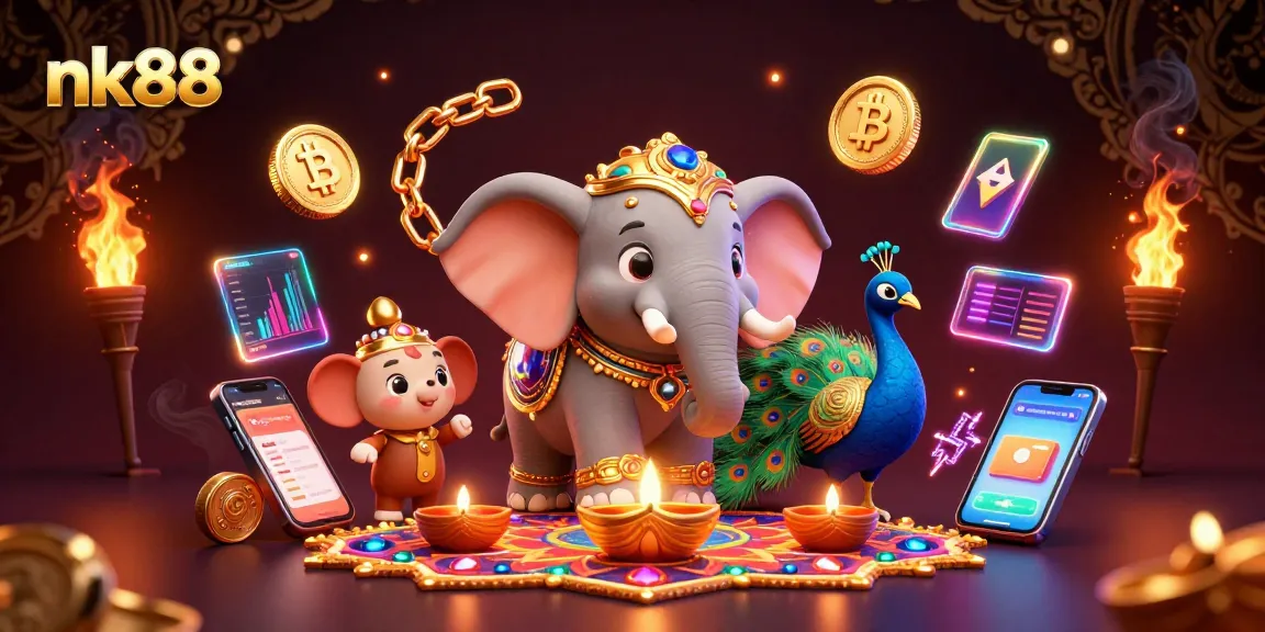 Engage with thrilling games at nk88, highlighted by golden elephants and vibrant casino elements.
