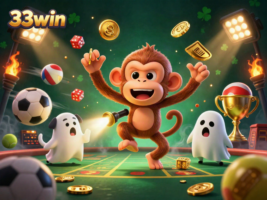 33win showcases a ghostly monkey juggling in a haunted casino filled with dynamic sports elements.