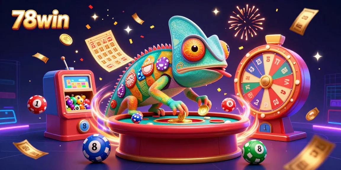 Engage in dynamic gambling fun with 78win's chameleon casino owner in a vibrant 3D illustration.