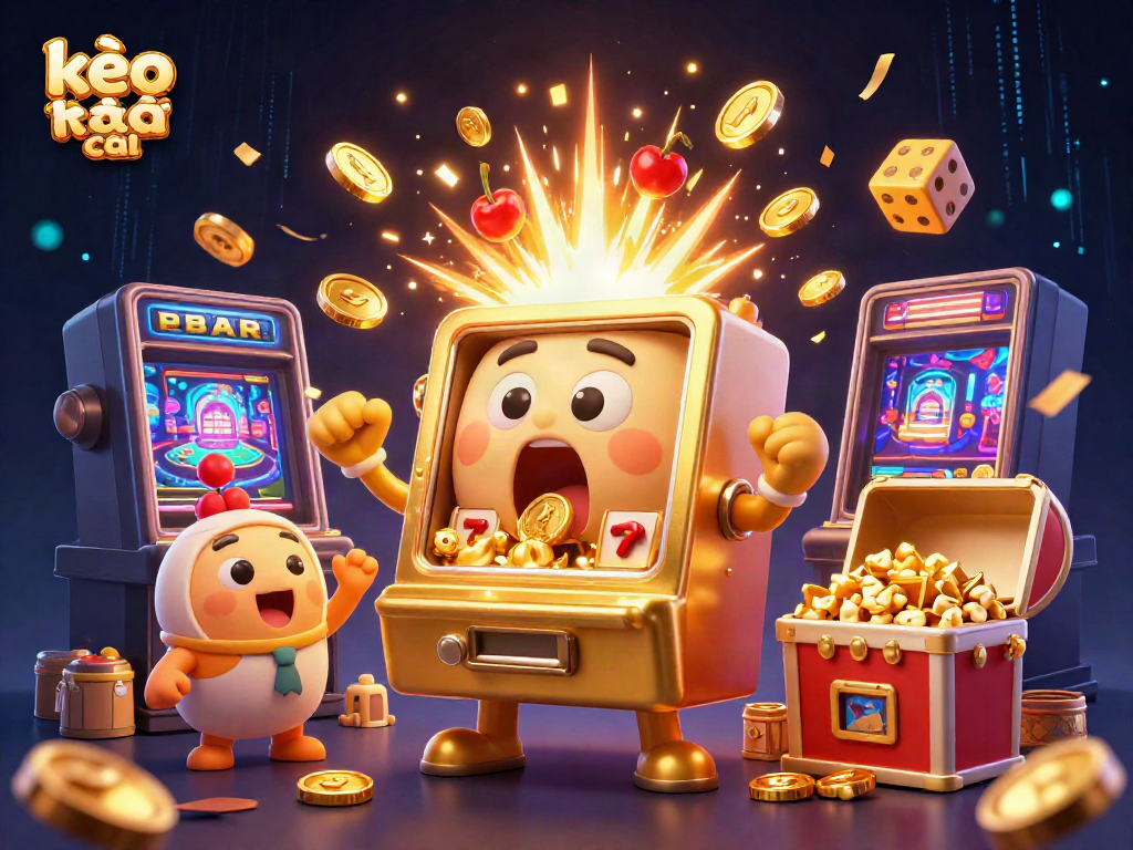 Experience kèo nhà cái with a vibrant 3D scene of slot machines and casino elements in a colorful jackpot explosion.