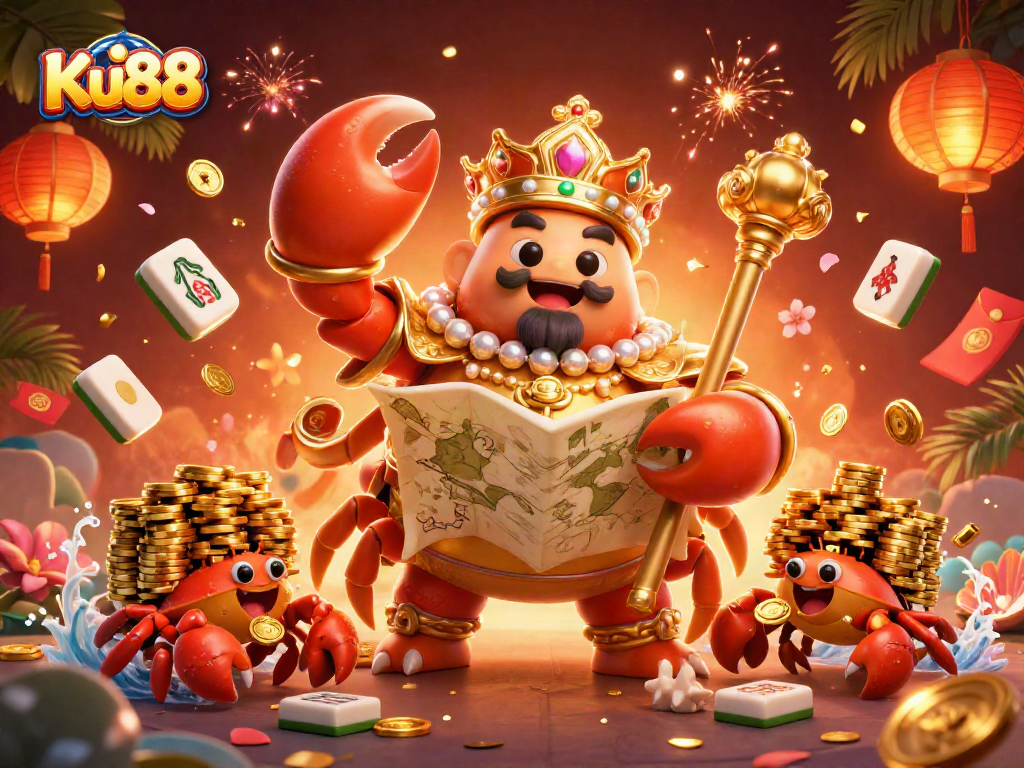 Experience thrilling wins at Ku88 with a vibrant 3D casino illustration showcasing a golden crab emperor and lucky symbols.