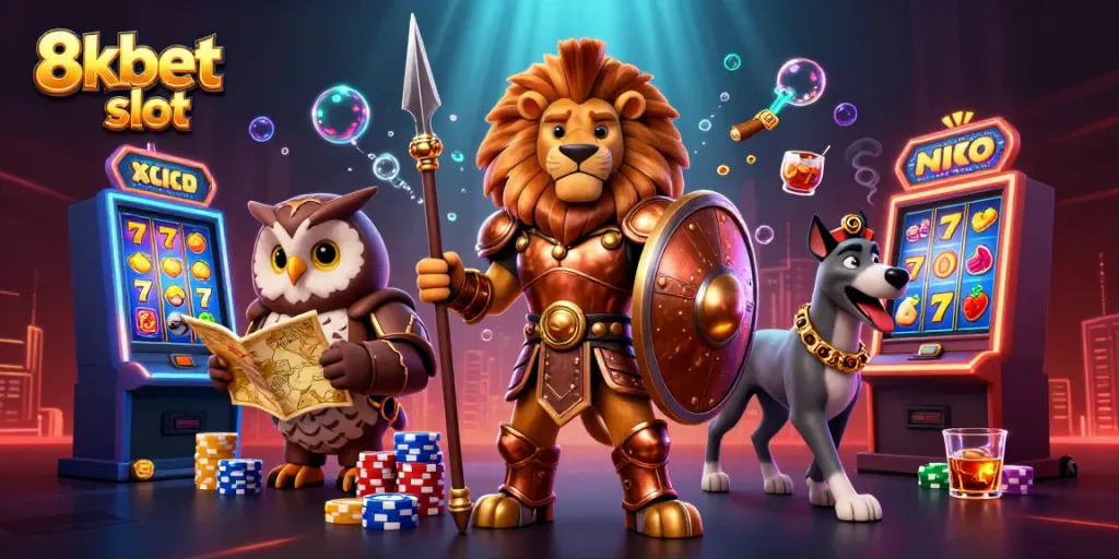 Experience thrilling action with 8xbet slot, featuring vibrant slot machines and characters in a dynamic casino illustration.