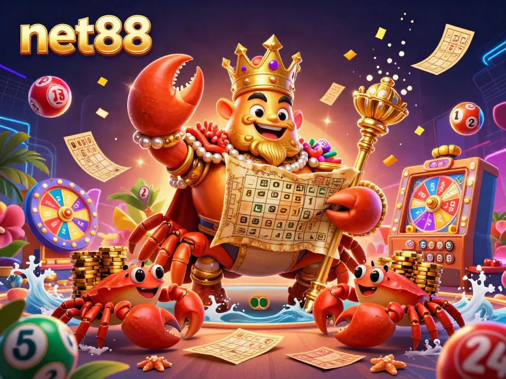 Experience exciting gameplay at net88 with a golden crab emperor amidst vibrant casino elements.