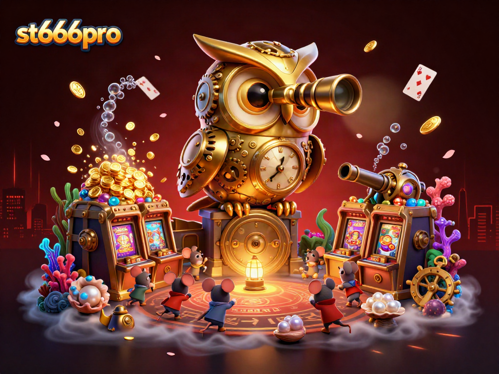 st666pro showcases a whimsical golden owl monitoring a vibrant casino floor packed with joy and excitement.
