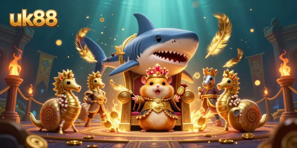 uk88 invites players to bet with the fierce golden hamster king in a vibrant casino world.