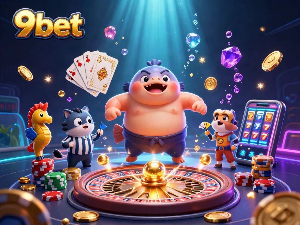 Bet on 9bet with dynamic underwater gambling action featuring a fugu, catfish referee, and gem-filled excitement.