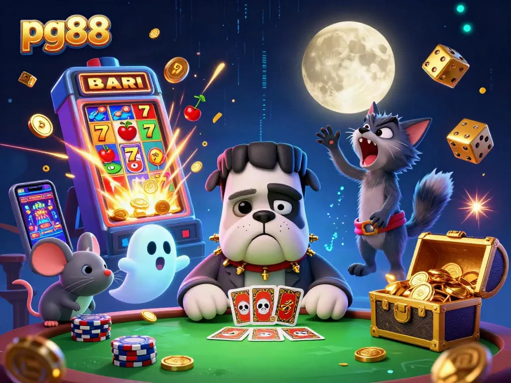Engage with pg88's thrilling 3D casino scene featuring dynamic characters and vibrant game elements.