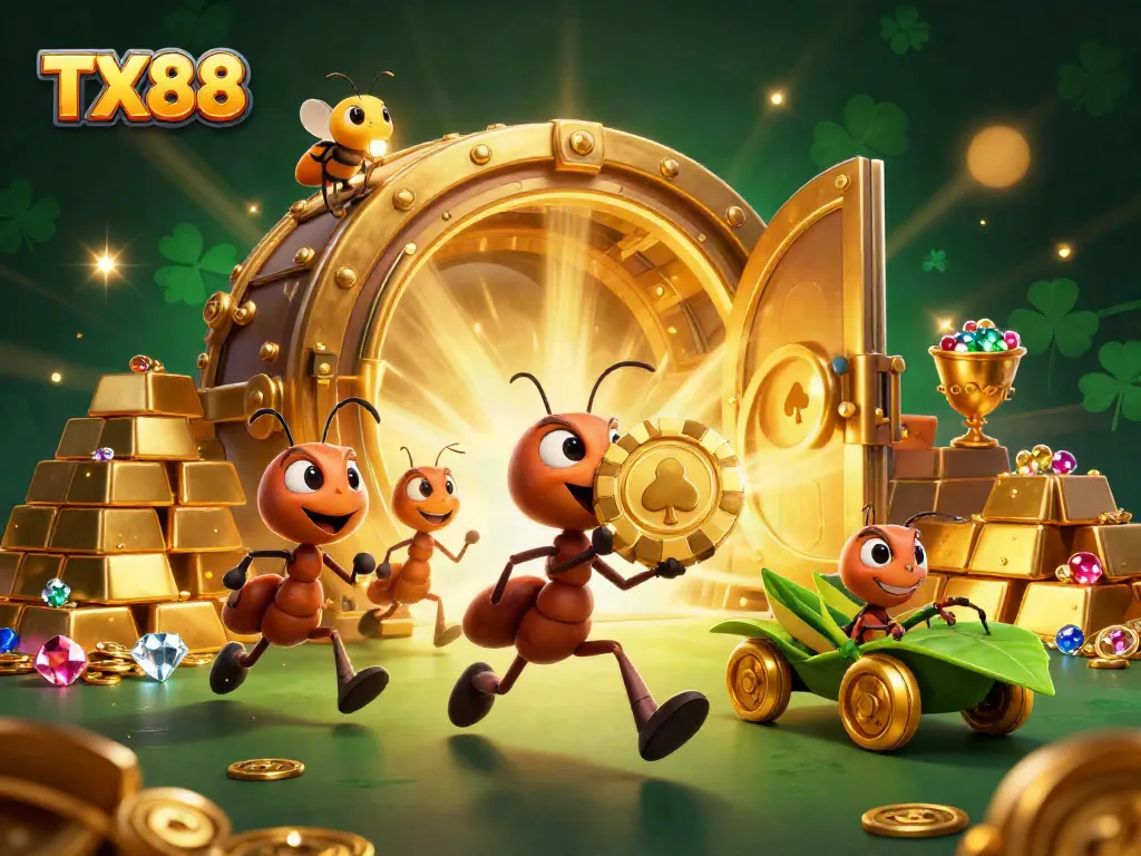 TX88 ants carrying giant poker chip in a vibrant heist scene filled with riches and gems