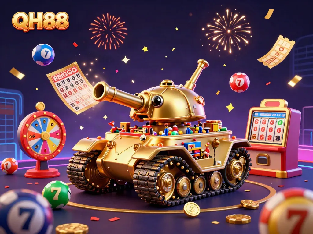 Engage in vibrant casino fun with QH88's unique golden beetle tank casino illustration, showcasing lottery excitement.