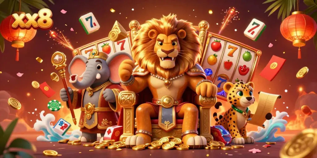 Experience the excitement of xx8 with lion king and royal casino elements, dynamic gold and red visuals.