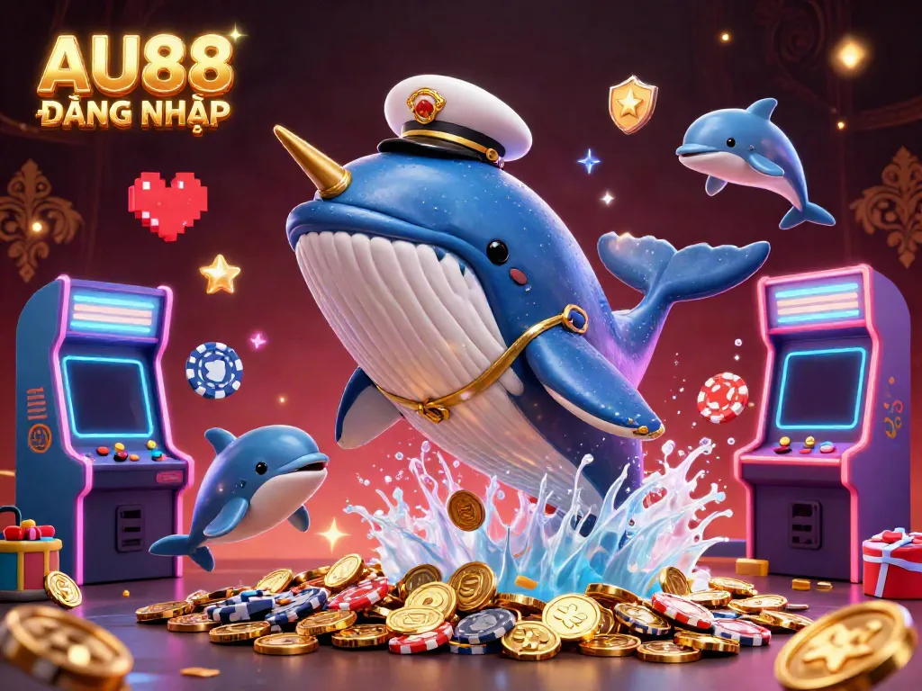 Join the excitement of AU88 ĐĂNG NHẬP with this vibrant 3D casino scene featuring a whale, narwhal, and dolphins.
