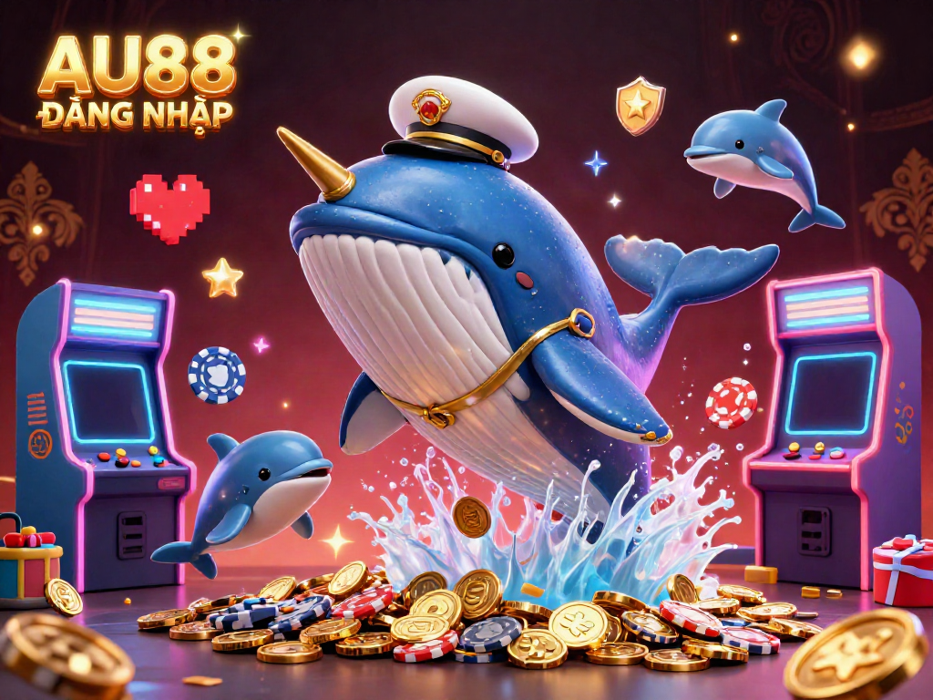 Join the excitement of AU88 ĐĂNG NHẬP with this vibrant 3D casino scene featuring a whale, narwhal, and dolphins.