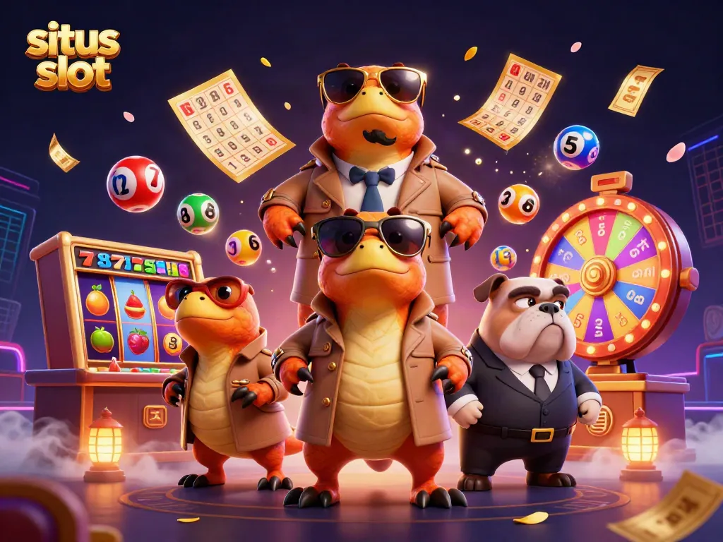 Experience the thrill of winning at situs slot as three raptors creatively disguise themselves, surrounded by dynamic gaming elements.