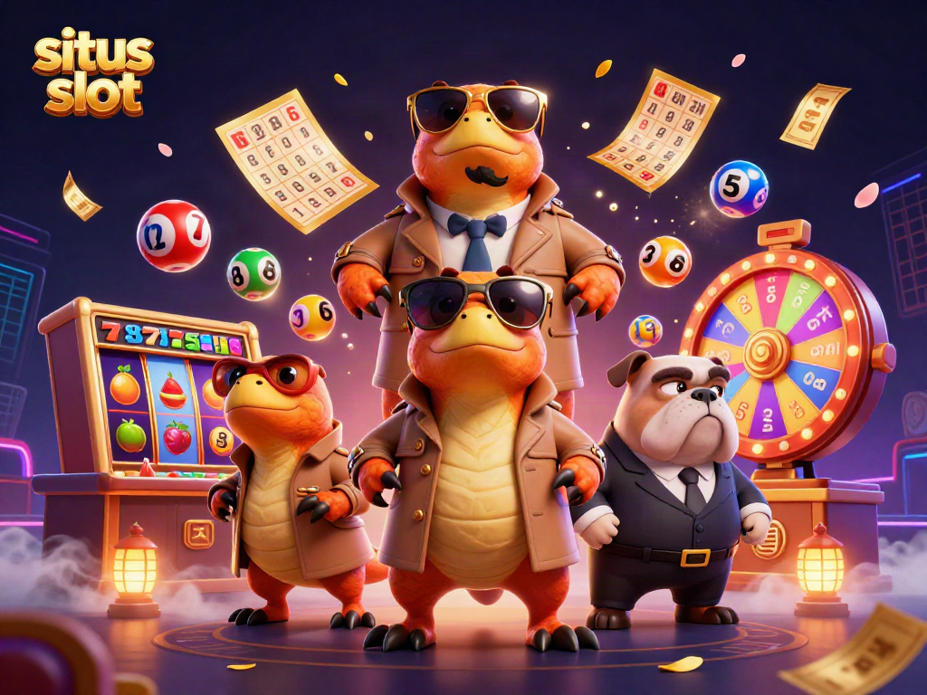 Experience the thrill of winning at situs slot as three raptors creatively disguise themselves, surrounded by dynamic gaming elements.
