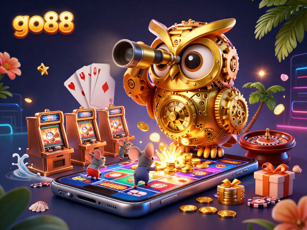 Join the fun at go88 with vibrant slot games, a unique clockwork owl, and exciting casino elements.