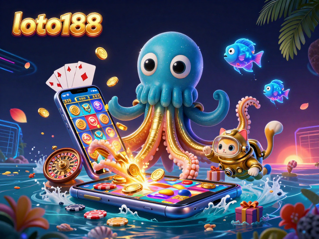 Engage in thrilling games at loto188 with vibrant 3D visuals showcasing a kraken, diving cat, and slot games.