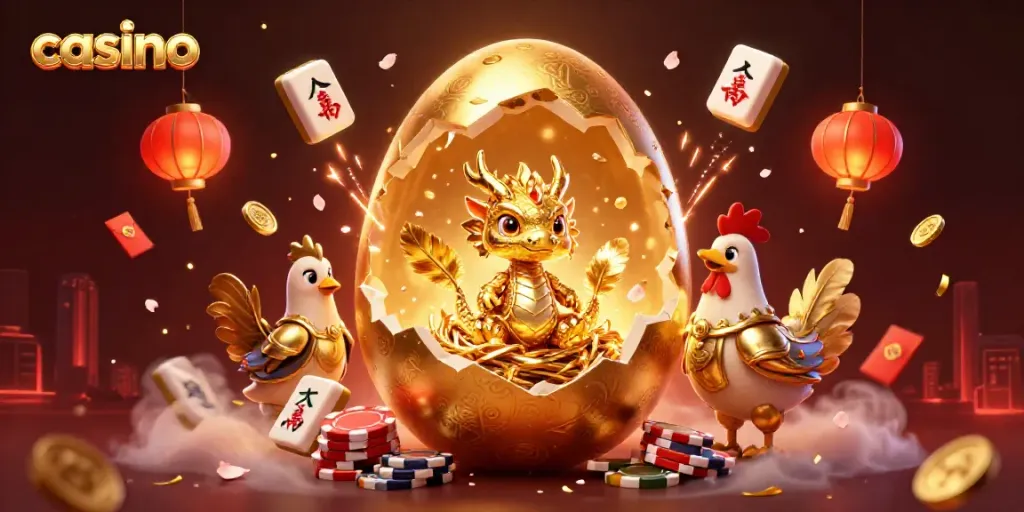 Experience thrilling casino action with a dragon, poker chips, and dynamic game elements.