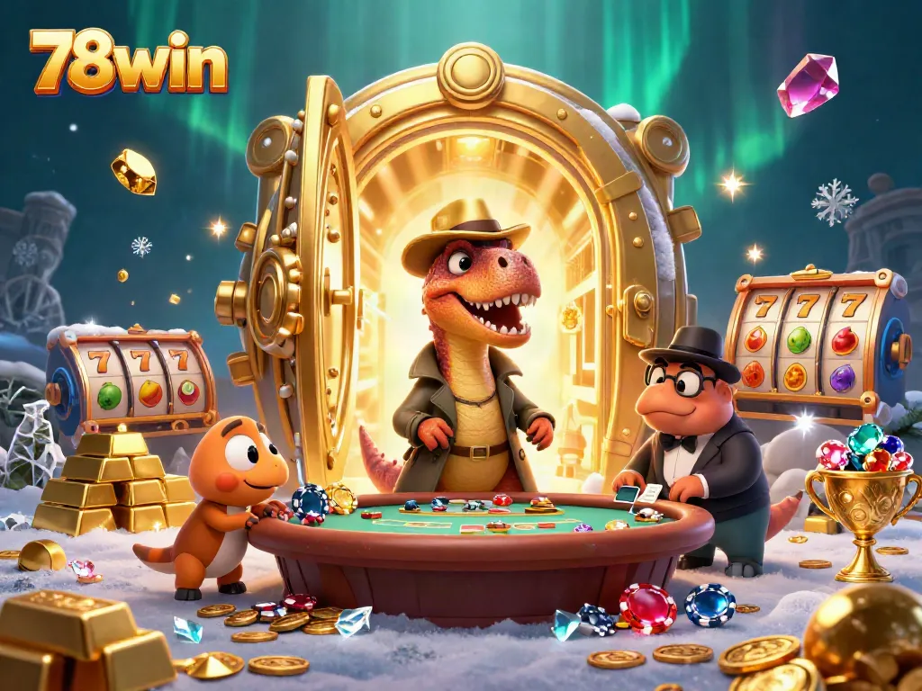 78win showcases a velociraptor card counter at blackjack, revealing casino riches and vibrant gems.
