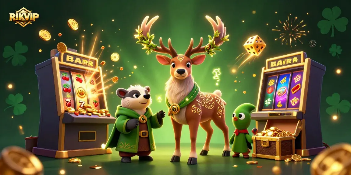 Engage with RIKVIP's thrilling casino experience featuring an enchanting druid stag and gaming elements.