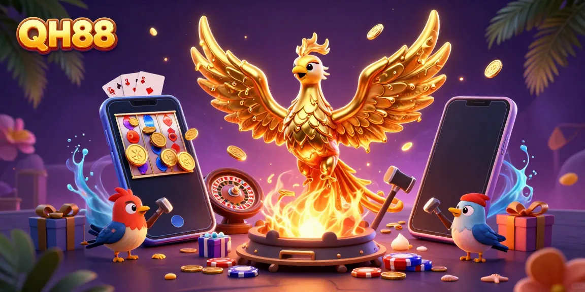 Experience thrilling gaming with QH88's molten golden phoenix amidst vibrant casino elements.