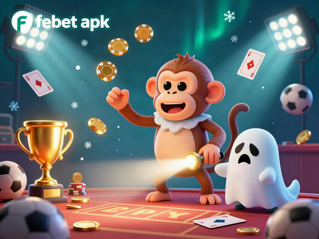 Experience the thrill of febet apk with a lively scene of a poltergeist monkey juggling golden casino prizes amidst exciting sports elements.