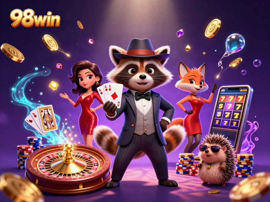 Experience the thrill of 98win casino with vibrant characters and dynamic gaming action.