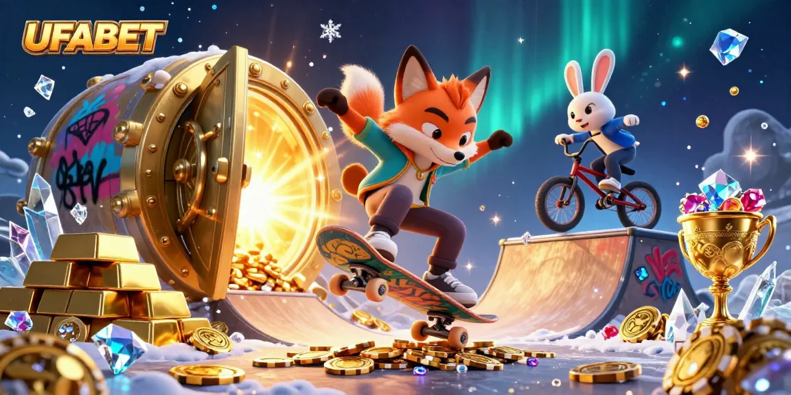 Place bets and win big with UFABET in this vibrant 3D casino scene featuring lively characters.