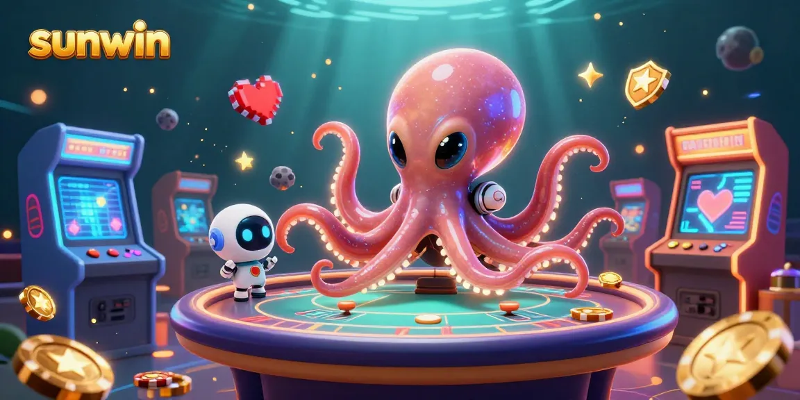 Enjoy thrilling poker action at sunwin with a vibrant scene featuring an alien octopus and gaming elements.