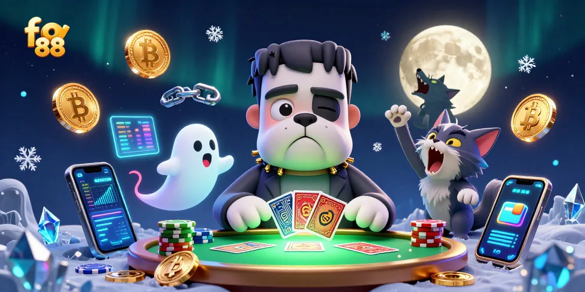 Engage with fo 88 as a Frankenstein bulldog monster deals cards at a vibrant casino.