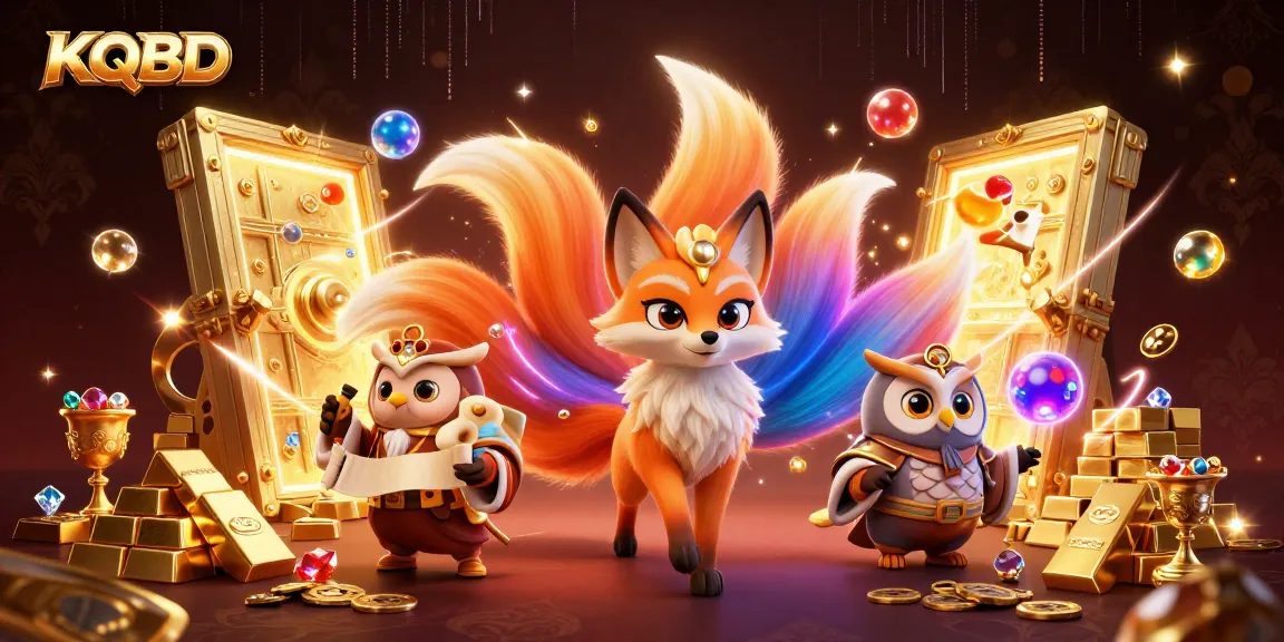 KQBD sports betting scene featuring colorful fox spirit and wise owl surrounded by treasure elements
