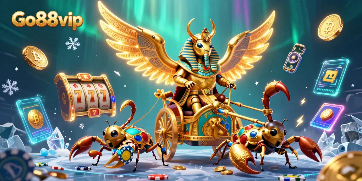 Join the adventure with Go88vip as the golden scarab beetle leads a dynamic casino scene full of slots and rewards.