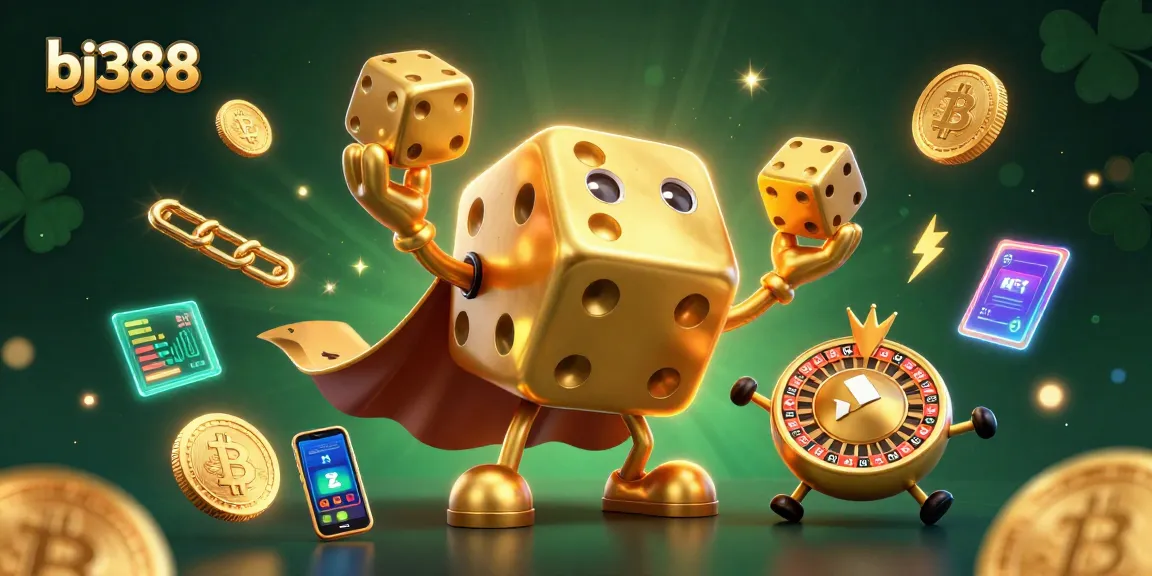 Experience thrilling gameplay with bj388's vibrant casino scene featuring a golden dice golem and crypto elements.