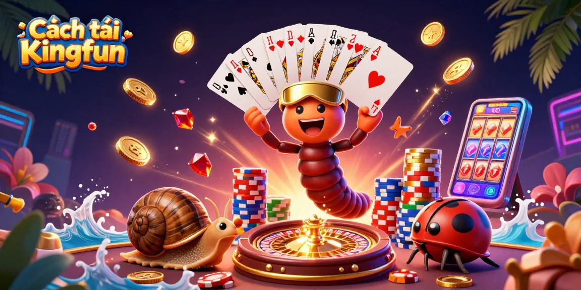 Experience the thrill of gaming with Cách tải Kingfun's dynamic 3D casino illustration featuring vibrant characters and exciting elements.