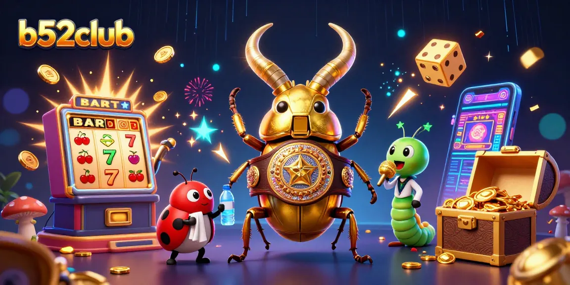 Battle at b52club with a giant golden stag beetle boxing and spinning golden dice amidst casino excitement.