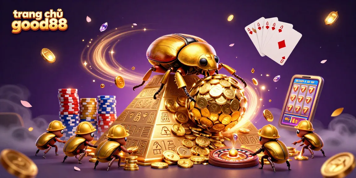 Experience the excitement of trang chủ good88 with a vibrant illustration of a golden beetle rolling coins in a magical casino setting.