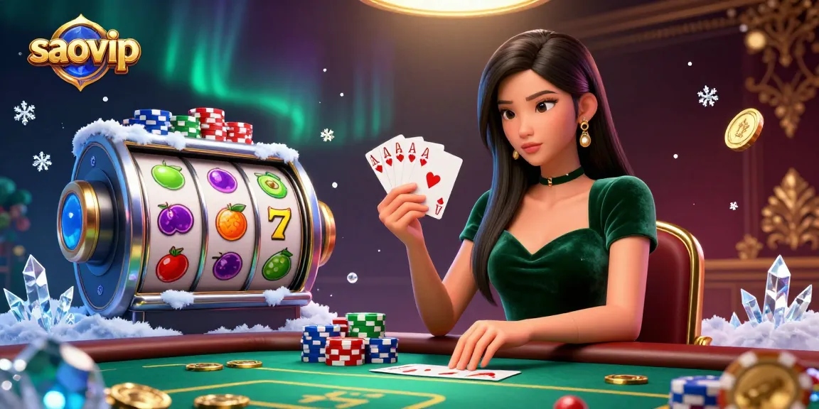 Engage with saovip at an exciting online casino table with vibrant slot elements and stunning character visuals.