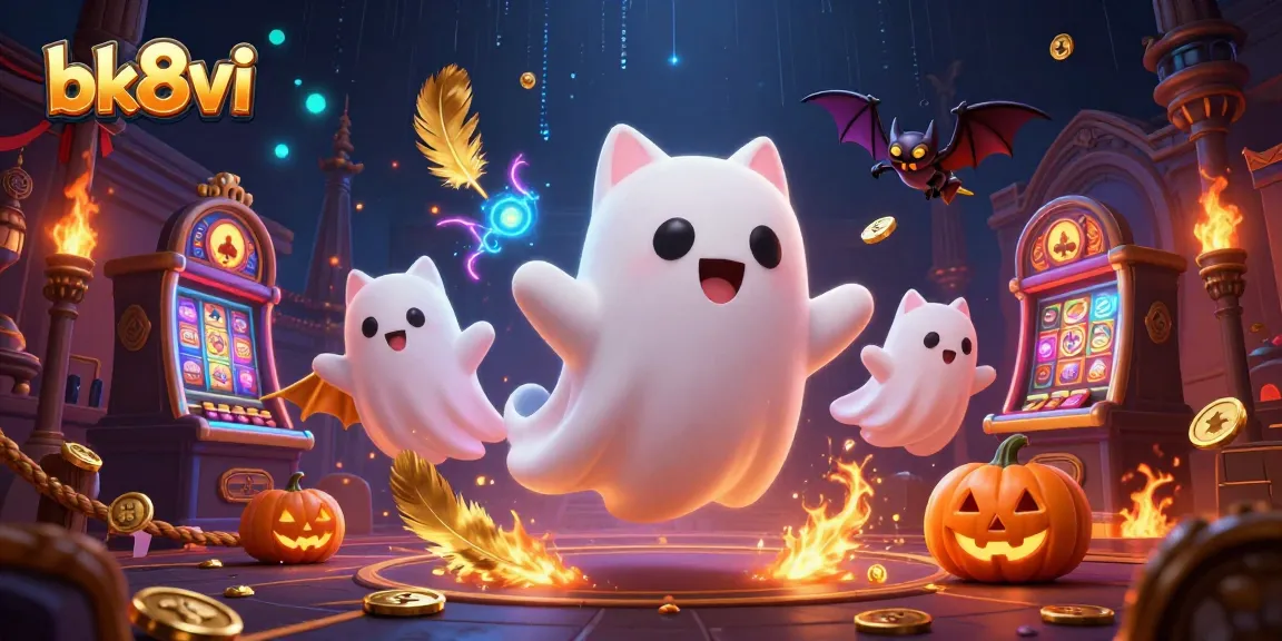 Engage in thrilling gameplay at bk8vi with a ghost cat in a haunted casino environment.