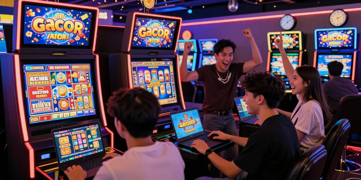Exciting scene of players winning at slot gacor games in a vibrant online casino setting with colorful graphics and confetti.