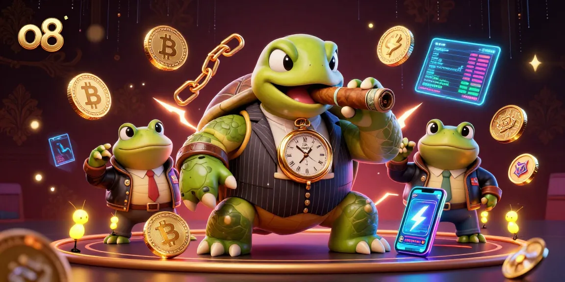 Win big with O8: A lively scene highlighting a turtle mobster and bullfrog enforcers in a vibrant casino.