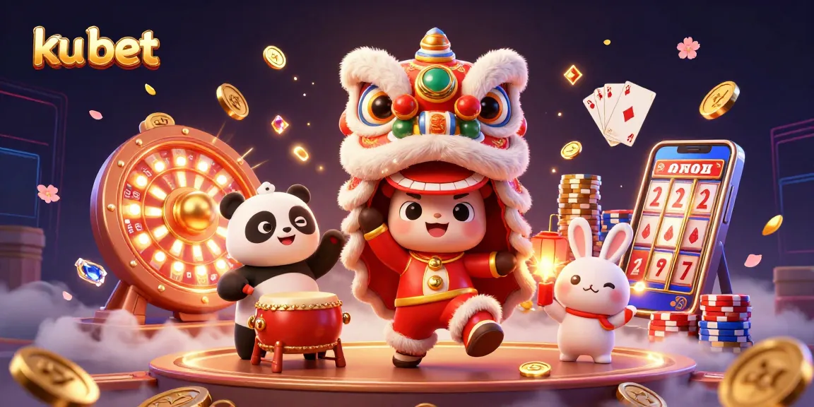 Experience the casino excitement at ku bet with vibrant characters and dynamic game elements in a festive illustration.