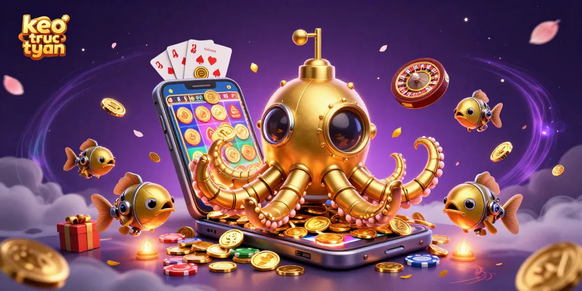 Engage with keo truc tuyen in a vibrant underwater scene featuring a golden kraken and dynamic casino elements.