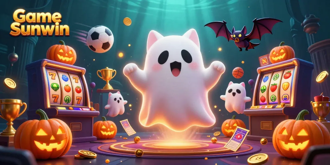 Experience excitement with the Game Sunwin ghost cat and vampire bat amidst glowing slot machines and golden treasures.