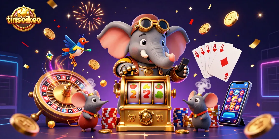 Experience excitement at tinsoikeo with a vibrant 3D casino scene showcasing a steampunk elephant at a slot machine.