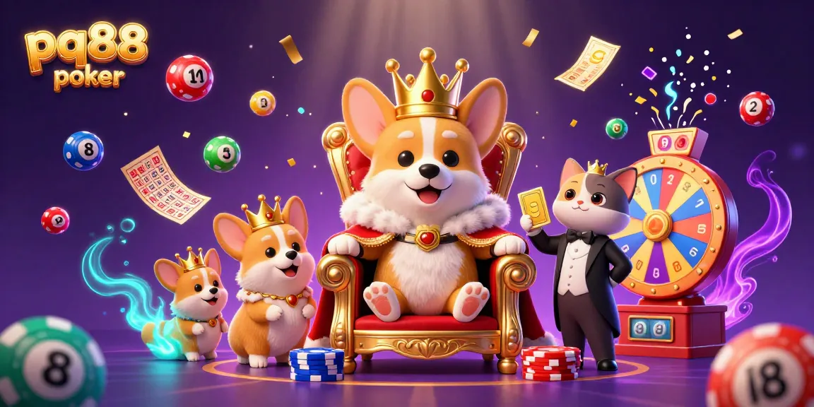Experience pq88 poker with a vibrant scene of corgis, colorful lottery balls, and dynamic casino elements.