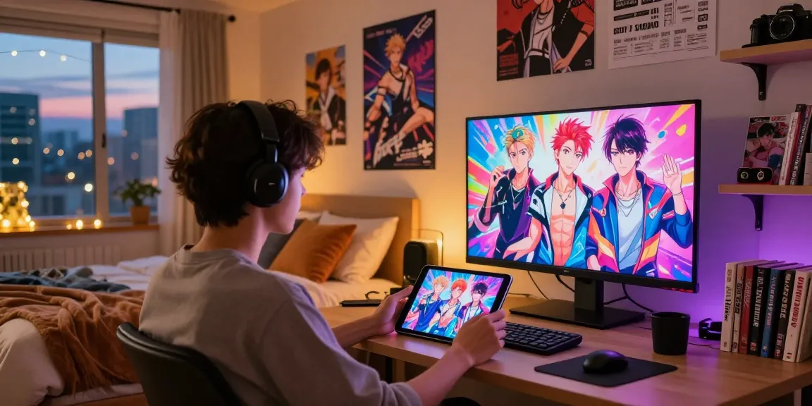 Engaging scene of a person playing gay hentai games in a cozy bedroom setting, showcasing vibrant visuals and modern decor.