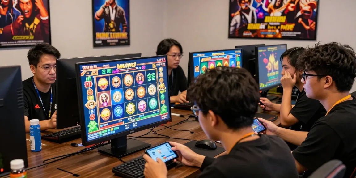 Situs slot deposit 10 ribu gaming experience with players engaged in slot games and using mobile devices for deposits.