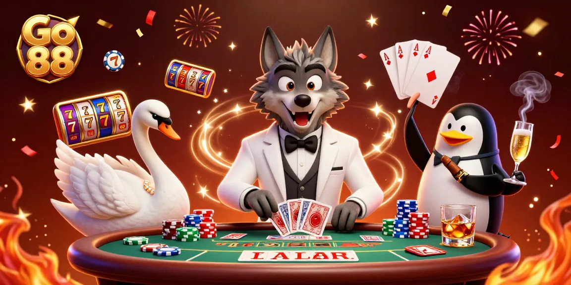 Experience the thrill of Go 88 with animated characters celebrating at a vibrant casino scene.