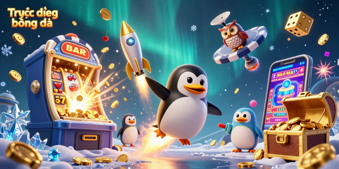Experience Trực tiếp bóng đá alongside a golden penguin flying to a casino with vibrant slot machine bursts.
